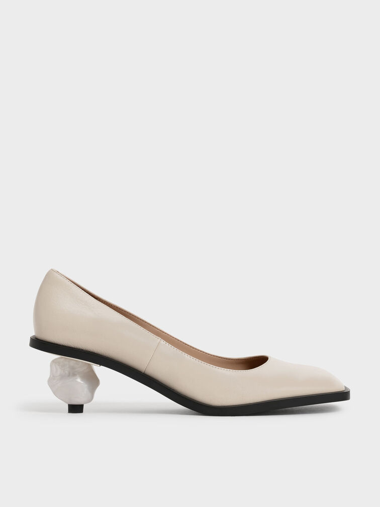 Sculptural Heel Pumps (Kid Leather), Beige, hi-res