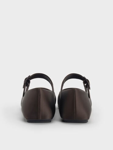 Satin Buckled Square-Toe Mary Jane Flats, Dark Brown Textured, hi-res
