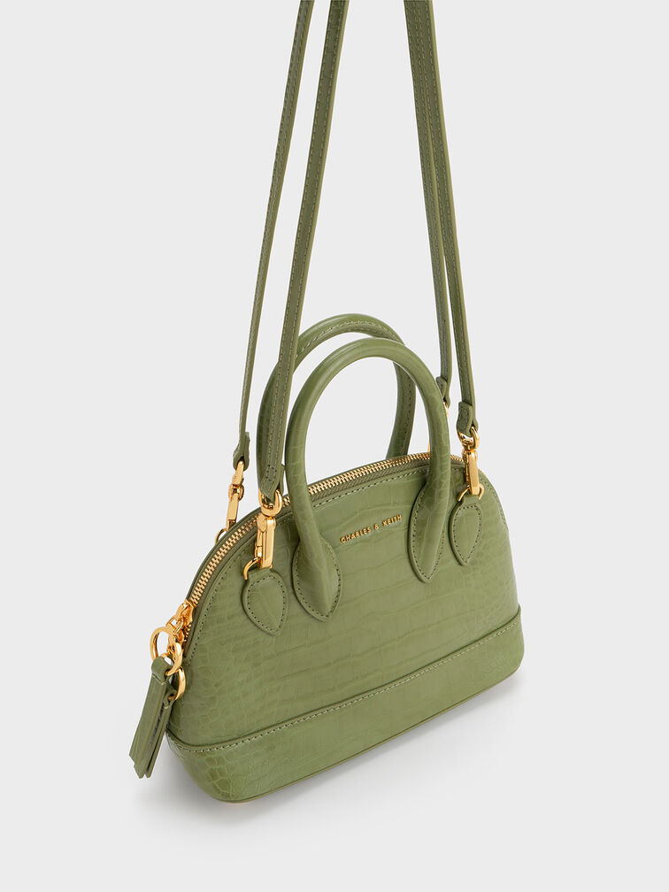 Harmonee Croc-Embossed Bowling Bag, Olive, hi-res