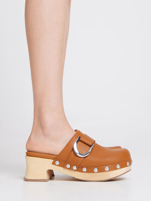 Gabine Studded Leather Clogs, Brown, hi-res