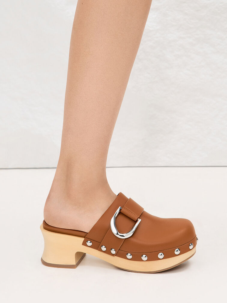 Gabine Studded Leather Clogs, Brown, hi-res