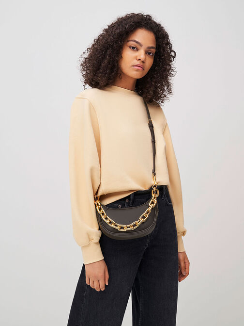 Shalia Chain-Handle Moon Bag, Dark Moss, hi-res