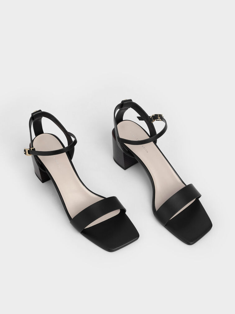 Ankle Strap Stacked Heel Sandals, Black, hi-res