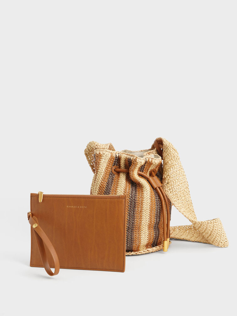 Clarissa Raffia Drawstring Shoulder Bag, Brown, hi-res
