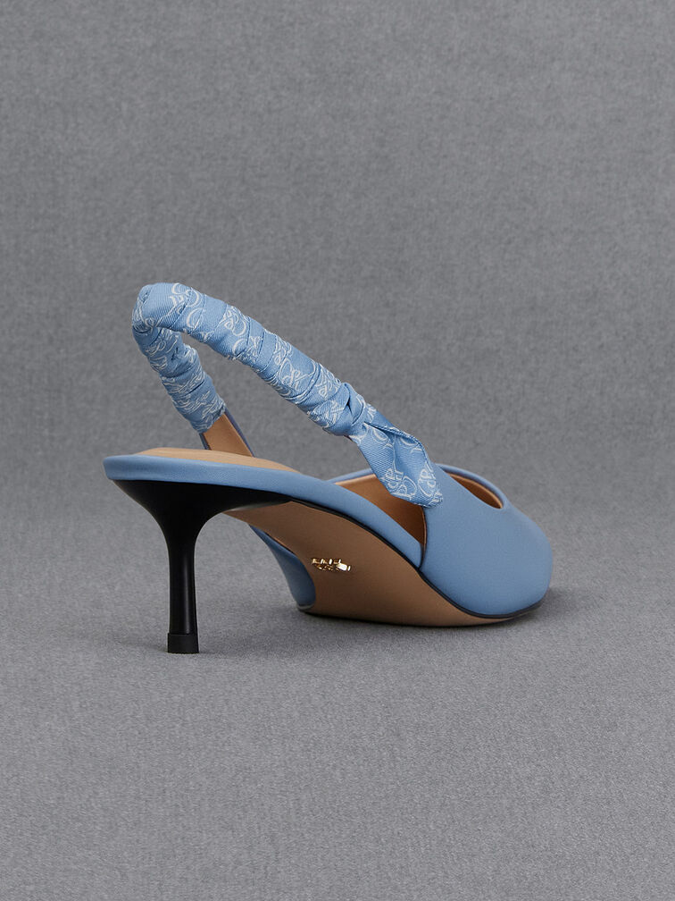 Leather Ruched-Strap Slingback Pumps, Light Blue, hi-res