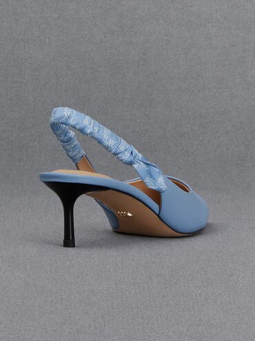 Leather Ruched-Strap Slingback Pumps, Light Blue, hi-res