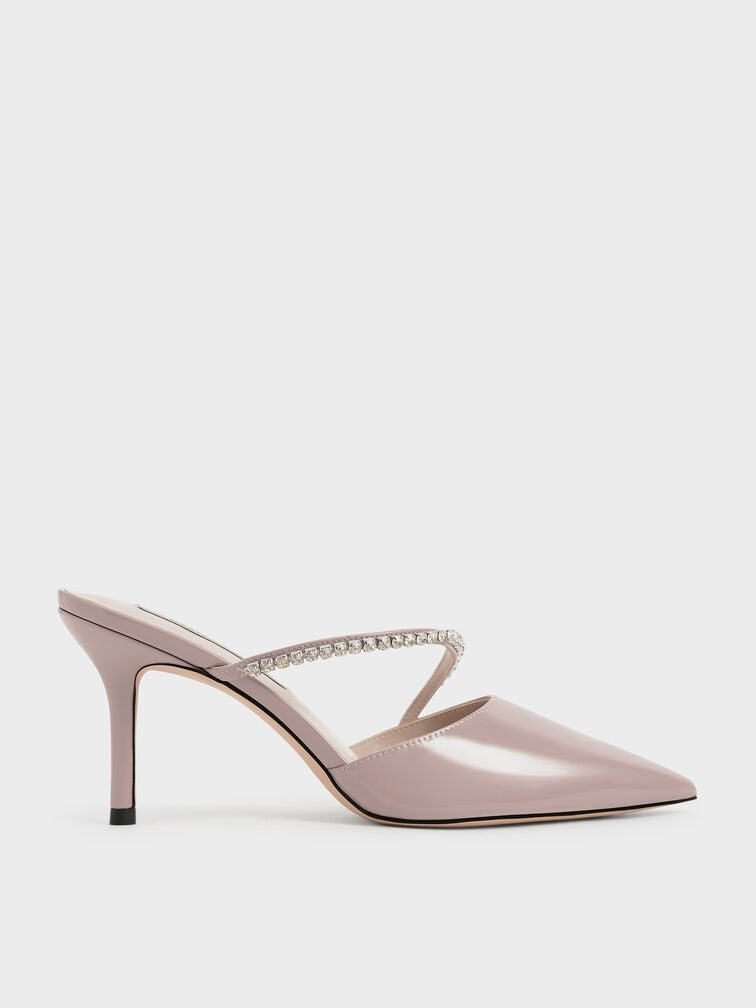 Taupe Gem-Encrusted Patent Mules - CHARLES & KEITH US