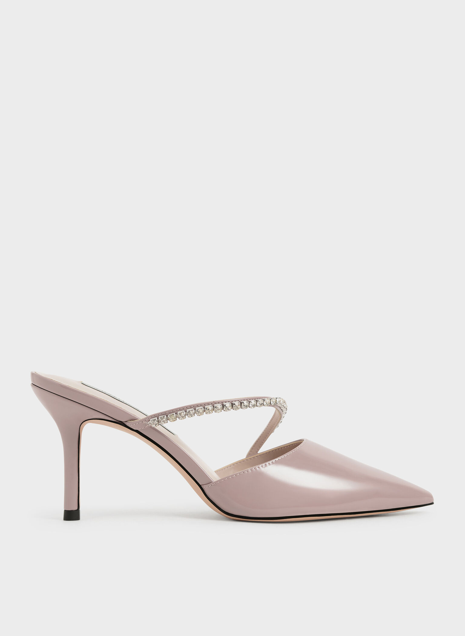 Taupe Gem-Encrusted Patent Mules - CHARLES & KEITH US