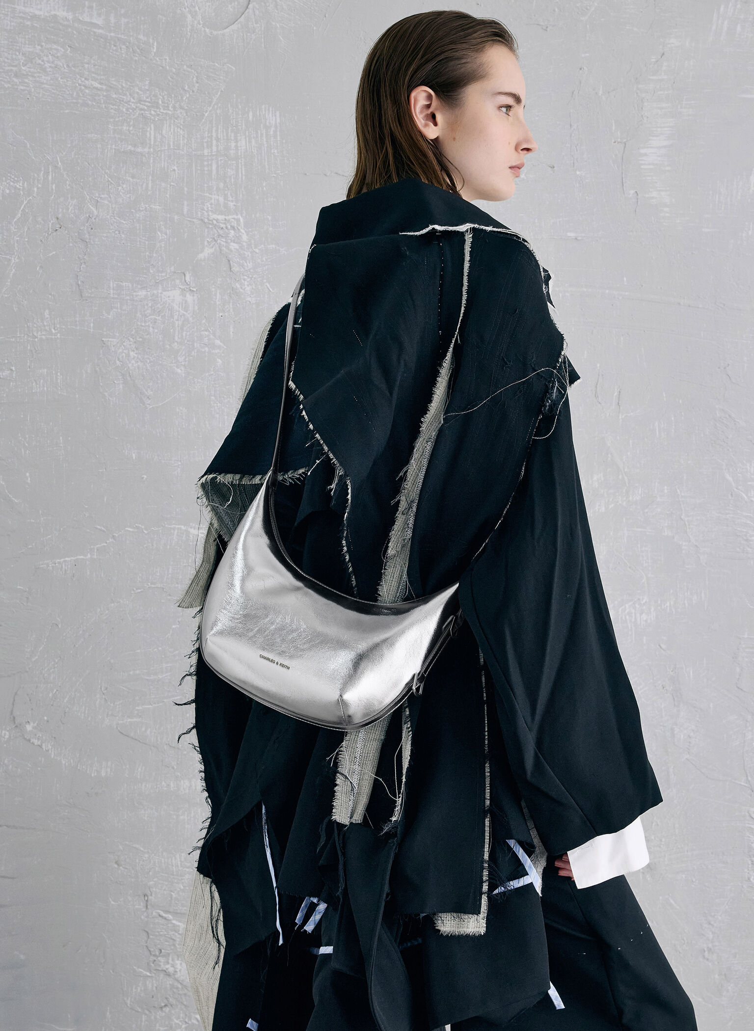 Bryna Metallic Curved Hobo Bag, Silver, hi-res