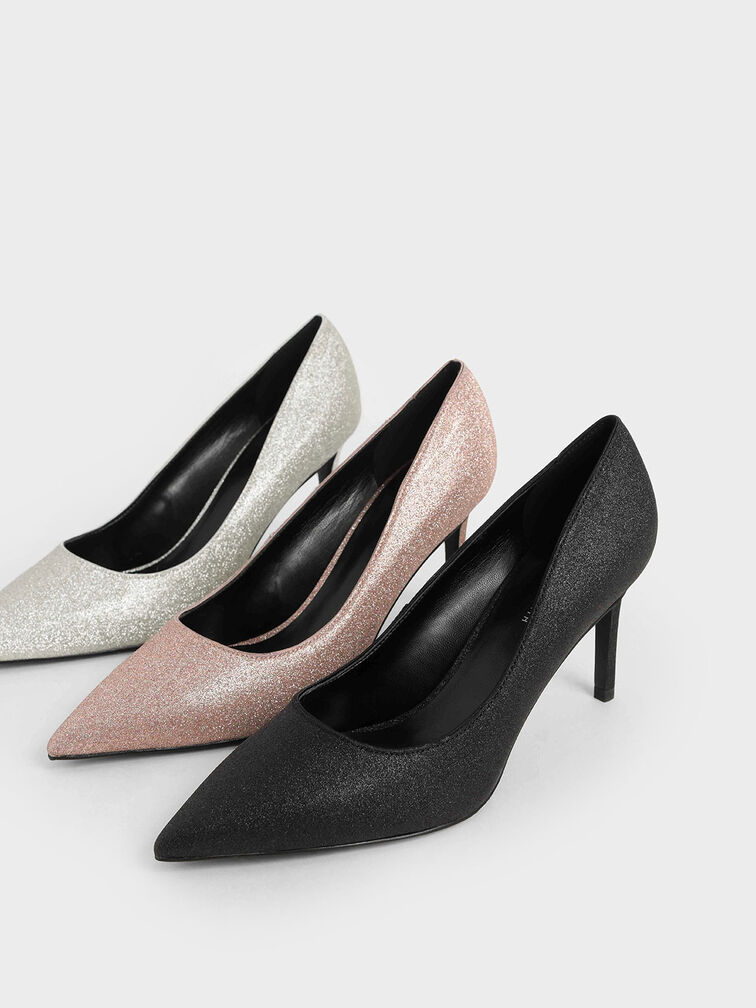 Glitter Pointed Toe Court Shoes, Silver, hi-res