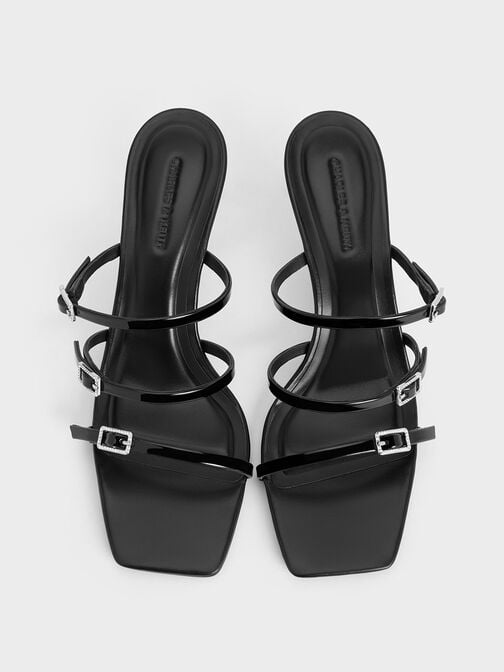 Patent Crystal-Buckle Heeled Mules, Black Patent, hi-res