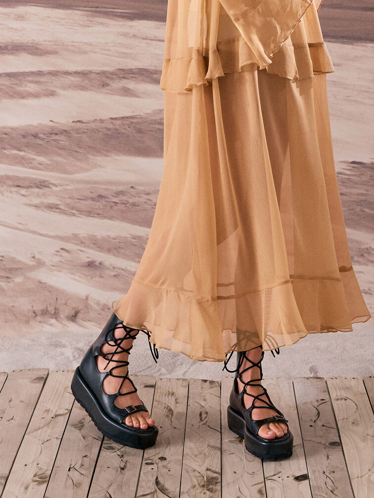 Gladiator Lace-Up Platform Sandals, Black, hi-res
