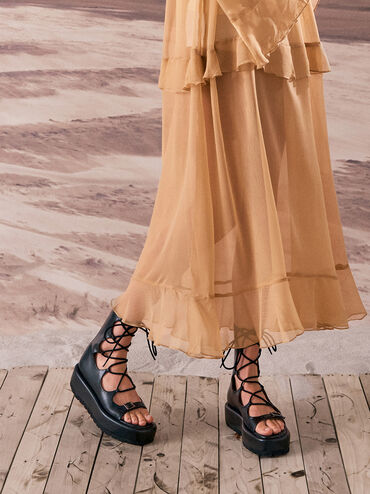 Gladiator Lace-Up Platform Sandals, Black, hi-res