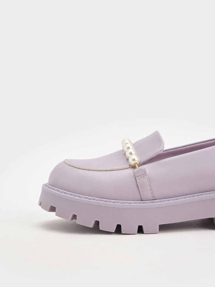 Girls' Pearl-Embellished Loafers, Lilac, hi-res