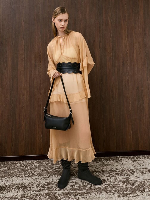 Faux Suede Ruched Knee-High Boots, Black Textured, hi-res