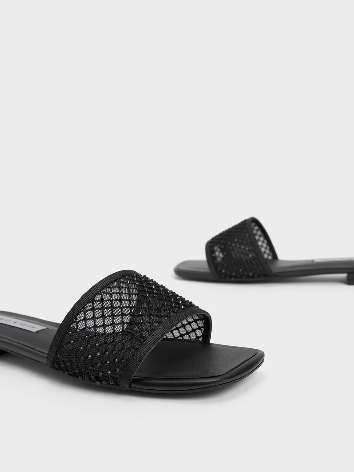 Gem-Encrusted Mesh Slide Sandals, Black, hi-res