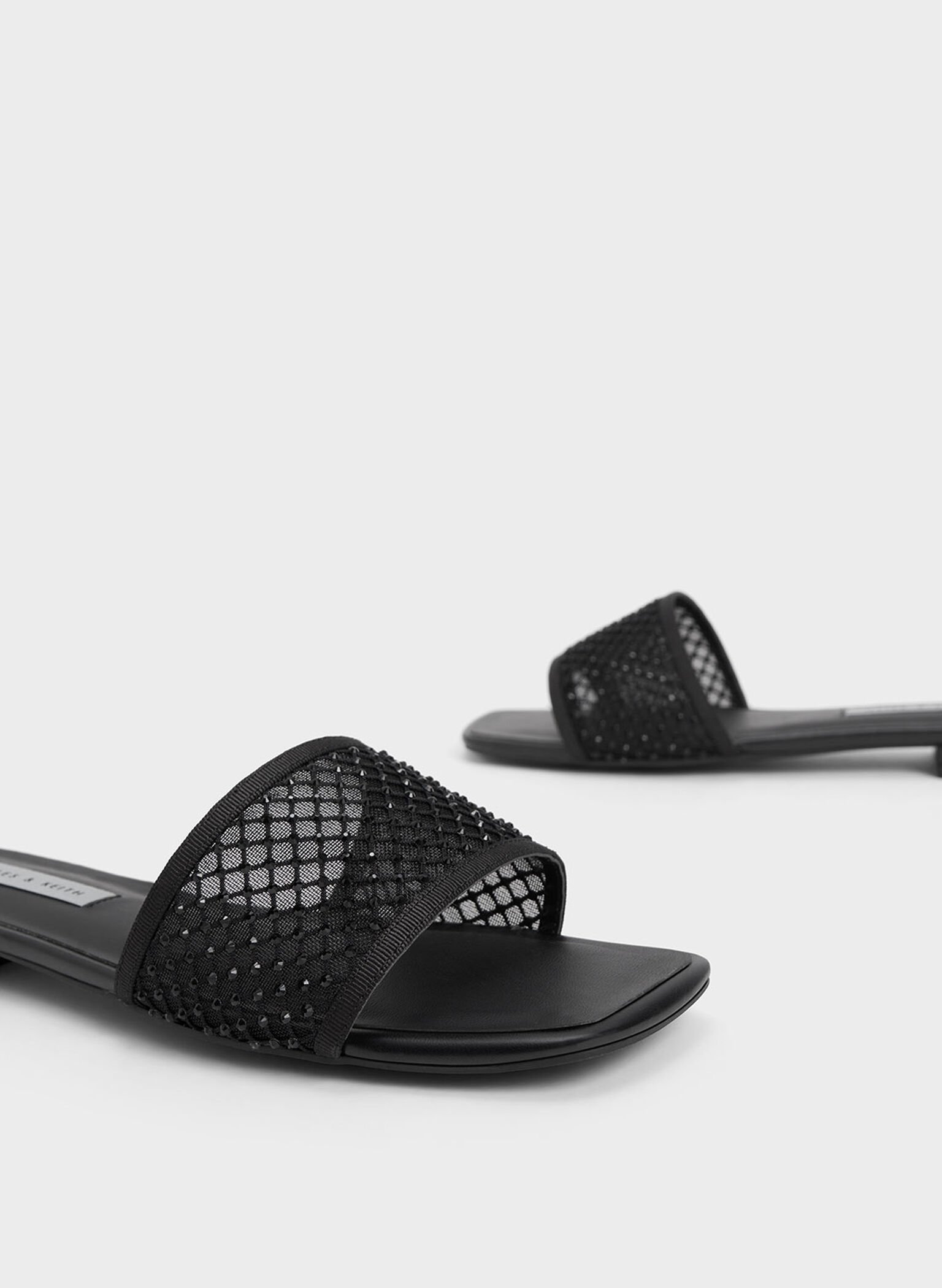 Black Gem-Encrusted Mesh Slide Sandals - CHARLES & KEITH US
