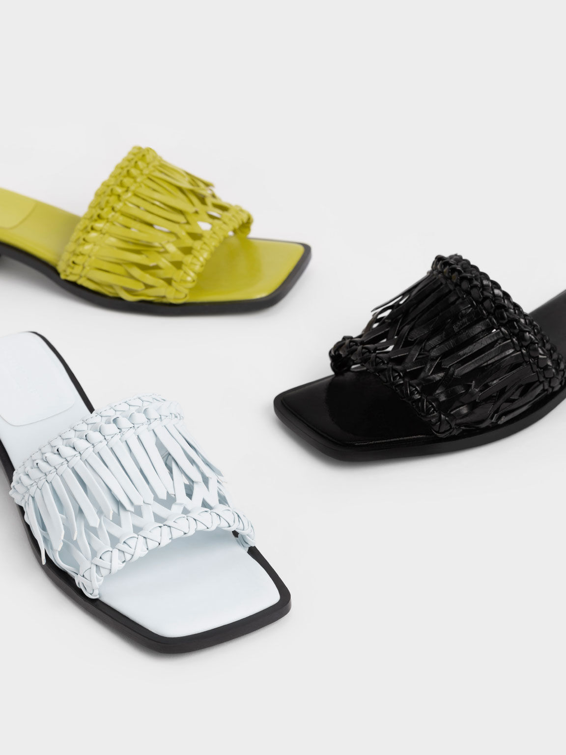 Wrinkled Patent Fringe Sandals, Black, hi-res