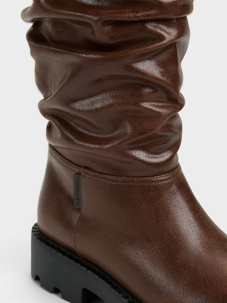 Ruched Drawstring Knee-High Boots, Dark Brown, hi-res
