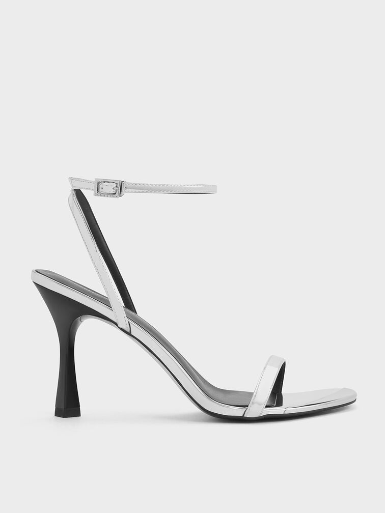 Silver Metallic Cap Ankle-Strap Heeled Sandals - CHARLES & KEITH US