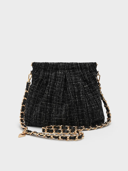 Duo Tweed Double-Chain Hobo Bag, Black Tweed, hi-res