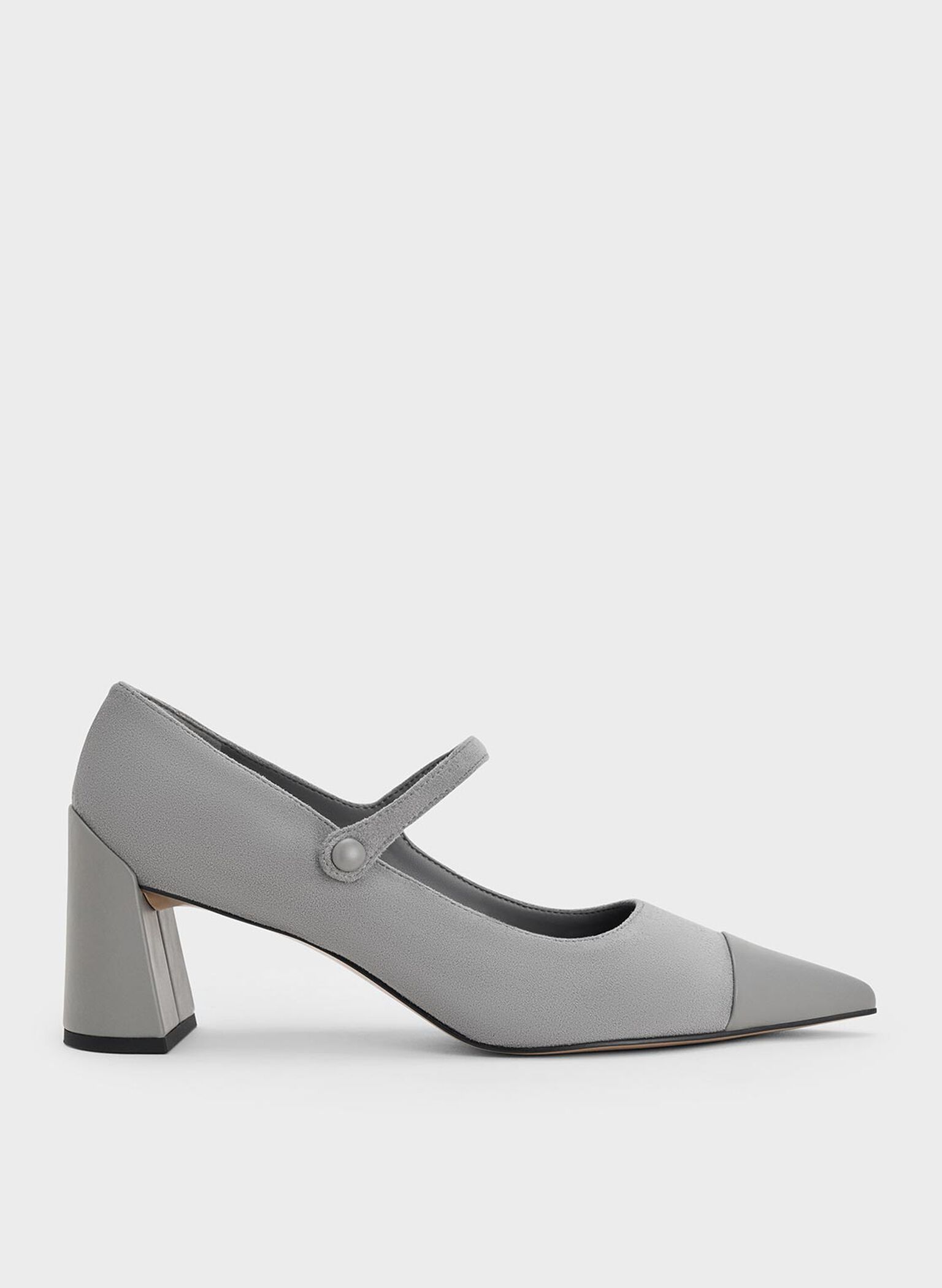 Faux Suede Cap-Toe Pointed Mary Jane Pumps, Grey, hi-res
