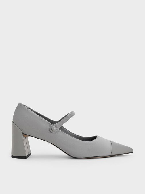 Faux Suede Cap-Toe Pointed Mary Jane Pumps, Grey, hi-res