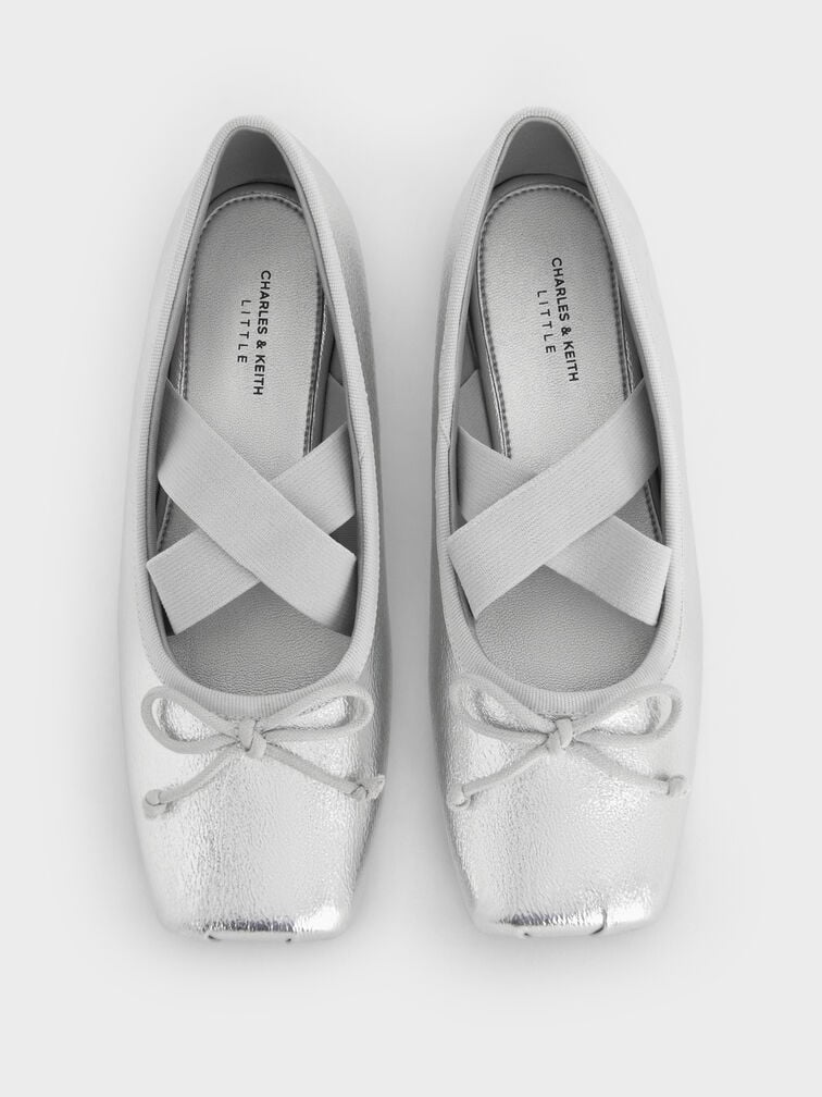 Girls' Metallic Bow Square-Toe Crossover-Strap Ballet Flats, Silver, hi-res