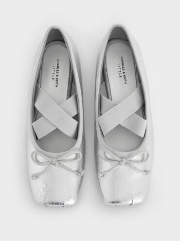 Girls' Metallic Bow Square-Toe Crossover-Strap Ballet Flats, Silver, hi-res