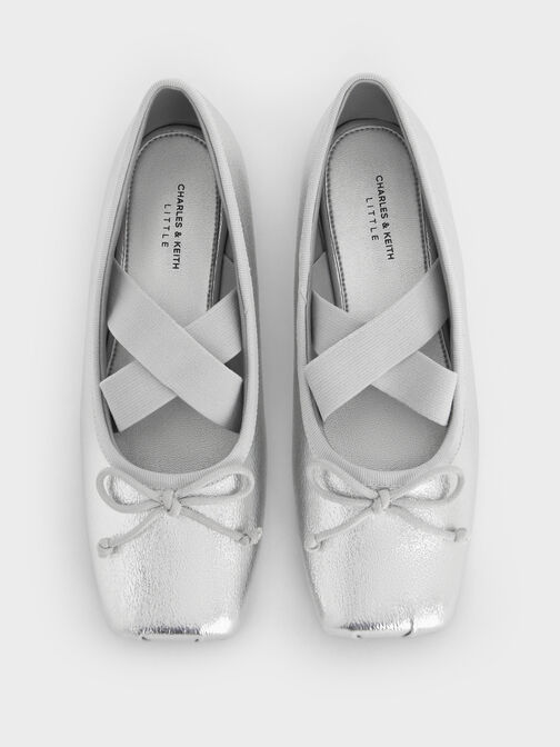 Girls' Metallic Bow Square-Toe Crossover-Strap Ballet Flats, Silver, hi-res