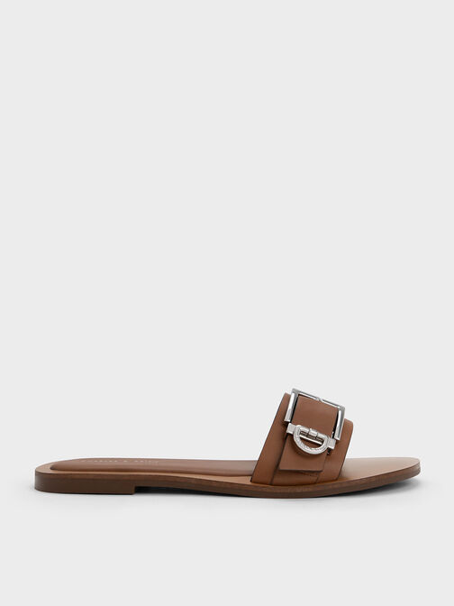 Metallic Buckle Slides, Brown, hi-res