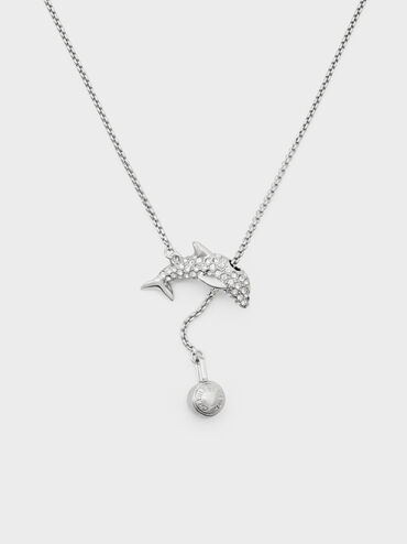 Delfina Crystal-Dolphin Ball Necklace, Silver, hi-res