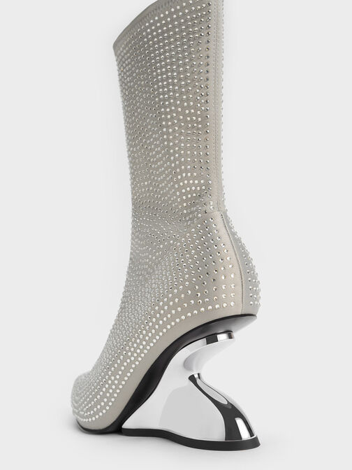 Zania Gem-Embellished Sculptural Heel Boots, Grey, hi-res