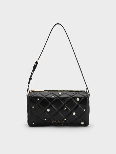 Janie Quilted Pearl Shoulder Bag, Black, hi-res
