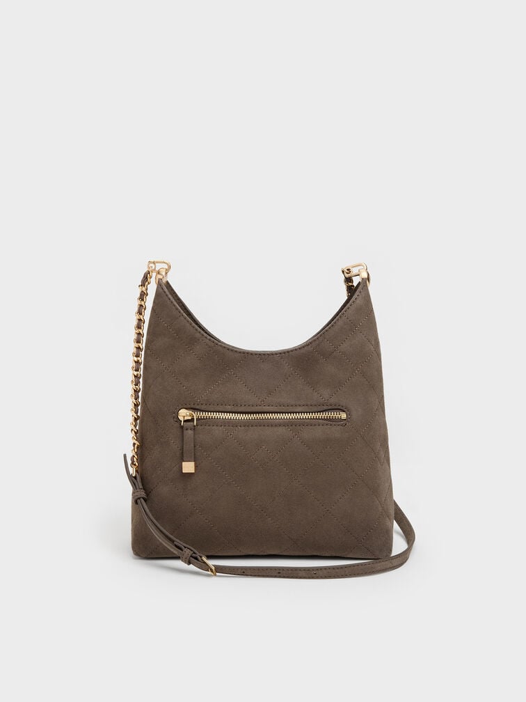 Bolso hobo Duo acolchado con cadena y bolsillo frontal, Stone Grey, hi-res
