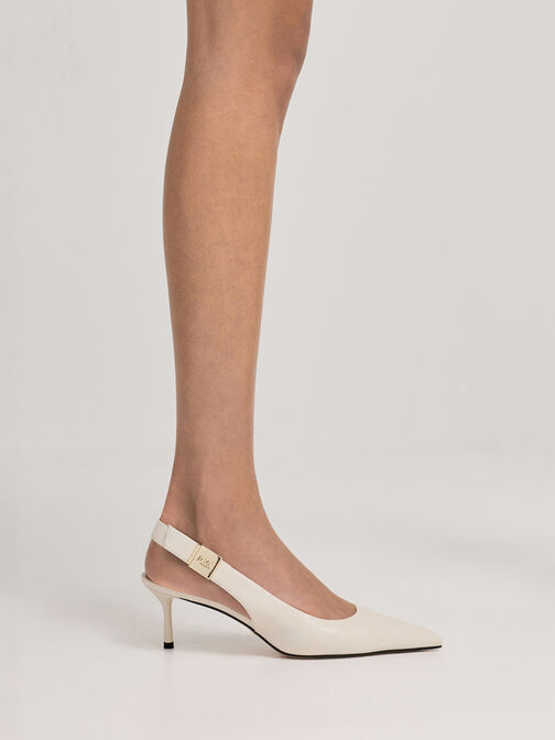 Cody Leather Pointed-Toe Kitten-Heel Slingback Pumps, Chalk, hi-res