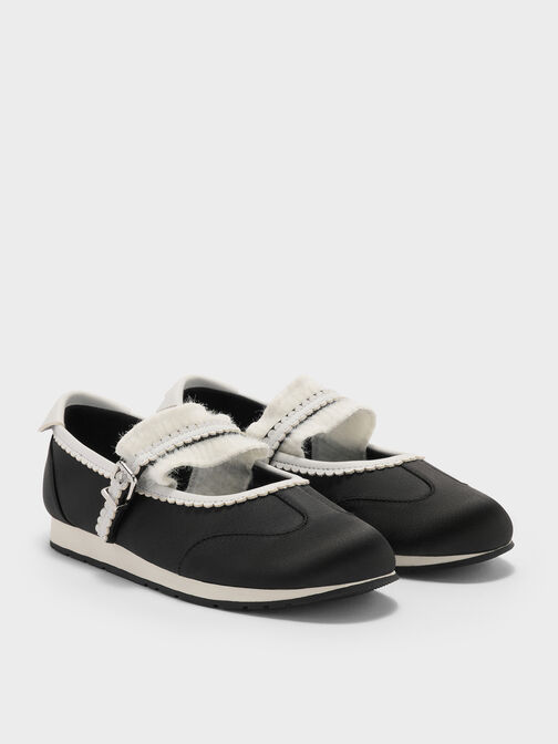 Girls' Satin Scallop-Trim Mary Jane Sneakers, Black Textured, hi-res