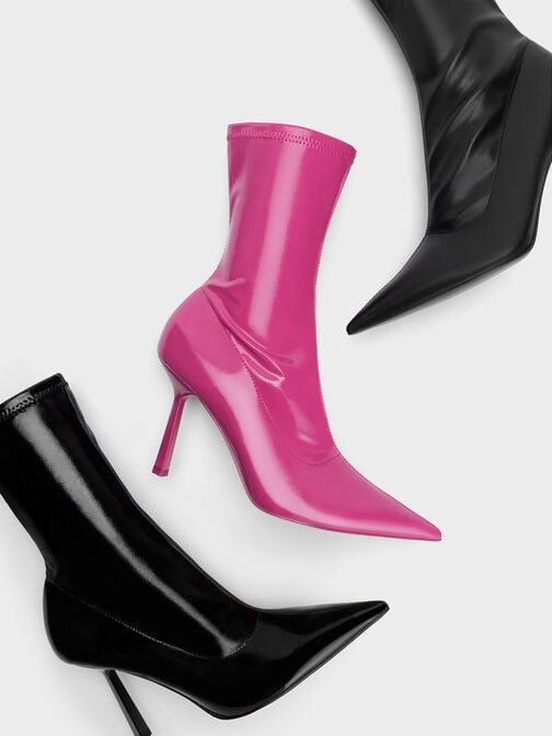Patent Crinkle-Effect Pointed-Toe Stiletto Heel Ankle Boots, Fuchsia, hi-res