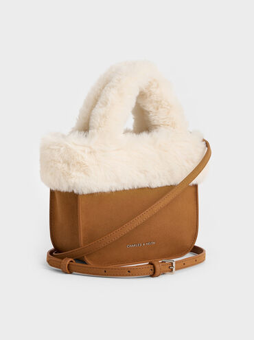 Girls' Textured Fur-Trim Tote Bag, Brown, hi-res