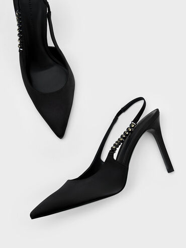 Flores Recycled Polyester Gem-Strap Slingback Pumps, Black, hi-res