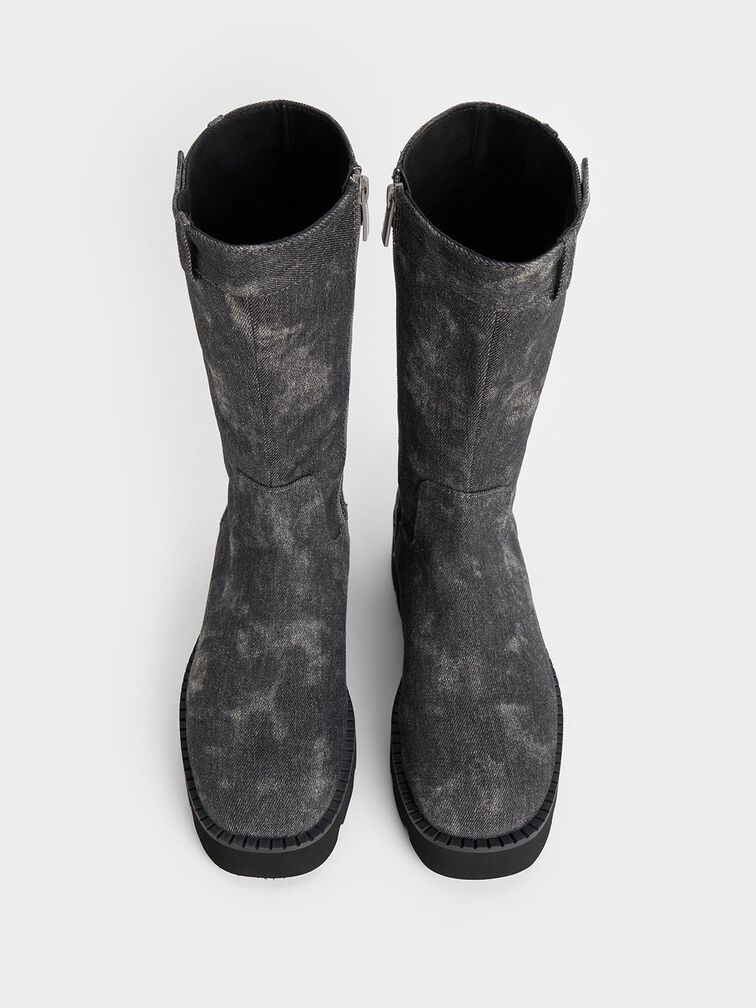 Denim Side-Zip Lug-Sole Calf Boots, Dark Grey, hi-res