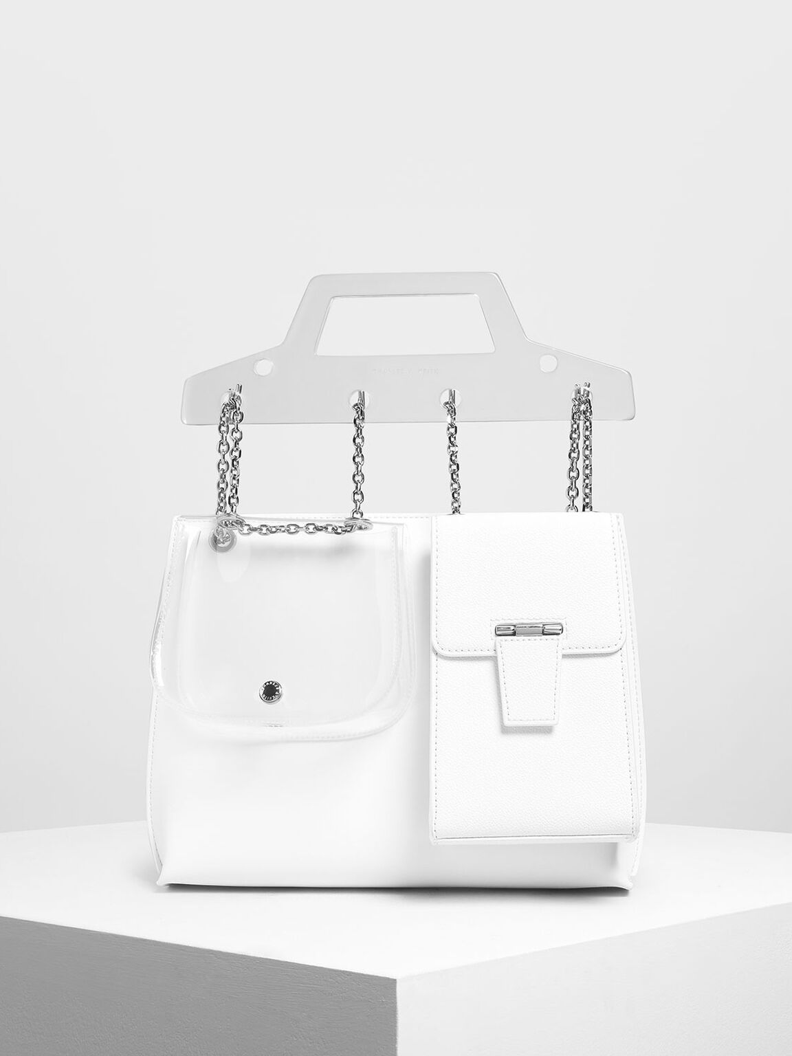 Chain Link Triple-Compartment Bag, White, hi-res