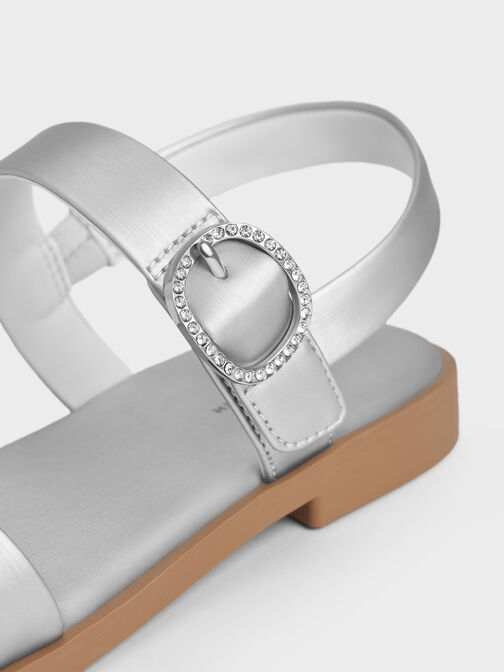 Girls' Pearlescent Crystal-Buckle Double-Strap Slingback Sandals, Silver, hi-res