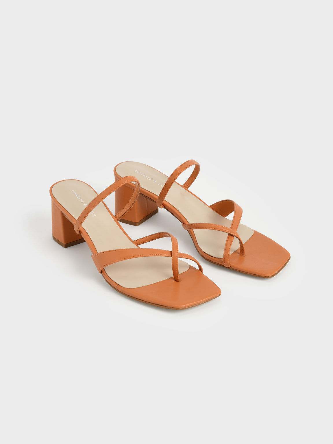 Orange Block Heel Toe Loop Sandals 