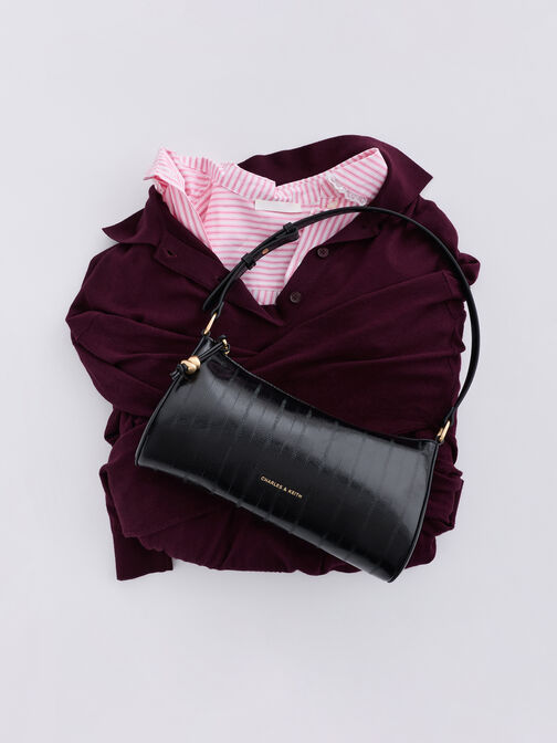 Augustine Eel-Effect Sculptural-Detail Shoulder Bag, Black, hi-res