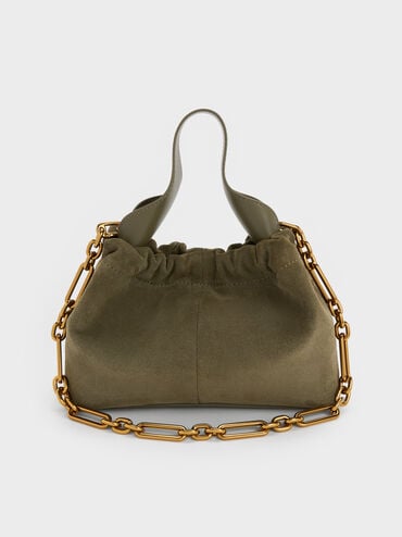 Bolso holgado con asa de cadena y fruncido de ante reciclado de Ally, Deep Olive, hi-res