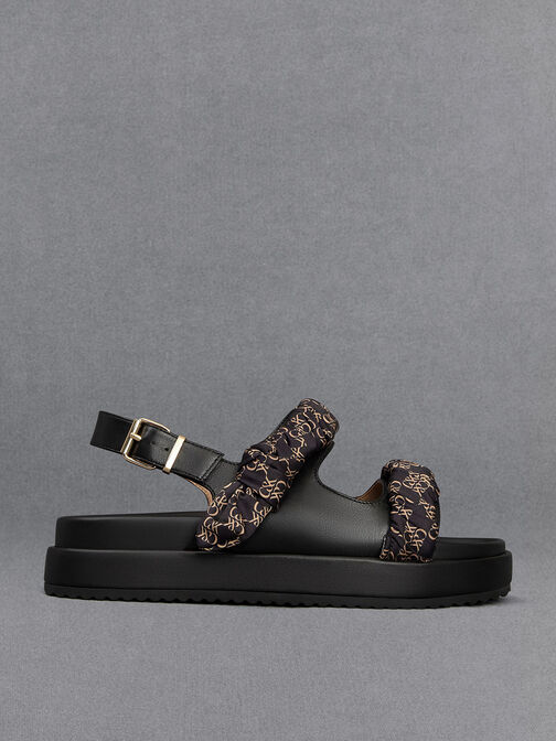 Sandalias de cuero con correa efecto arrugado, Negro, hi-res