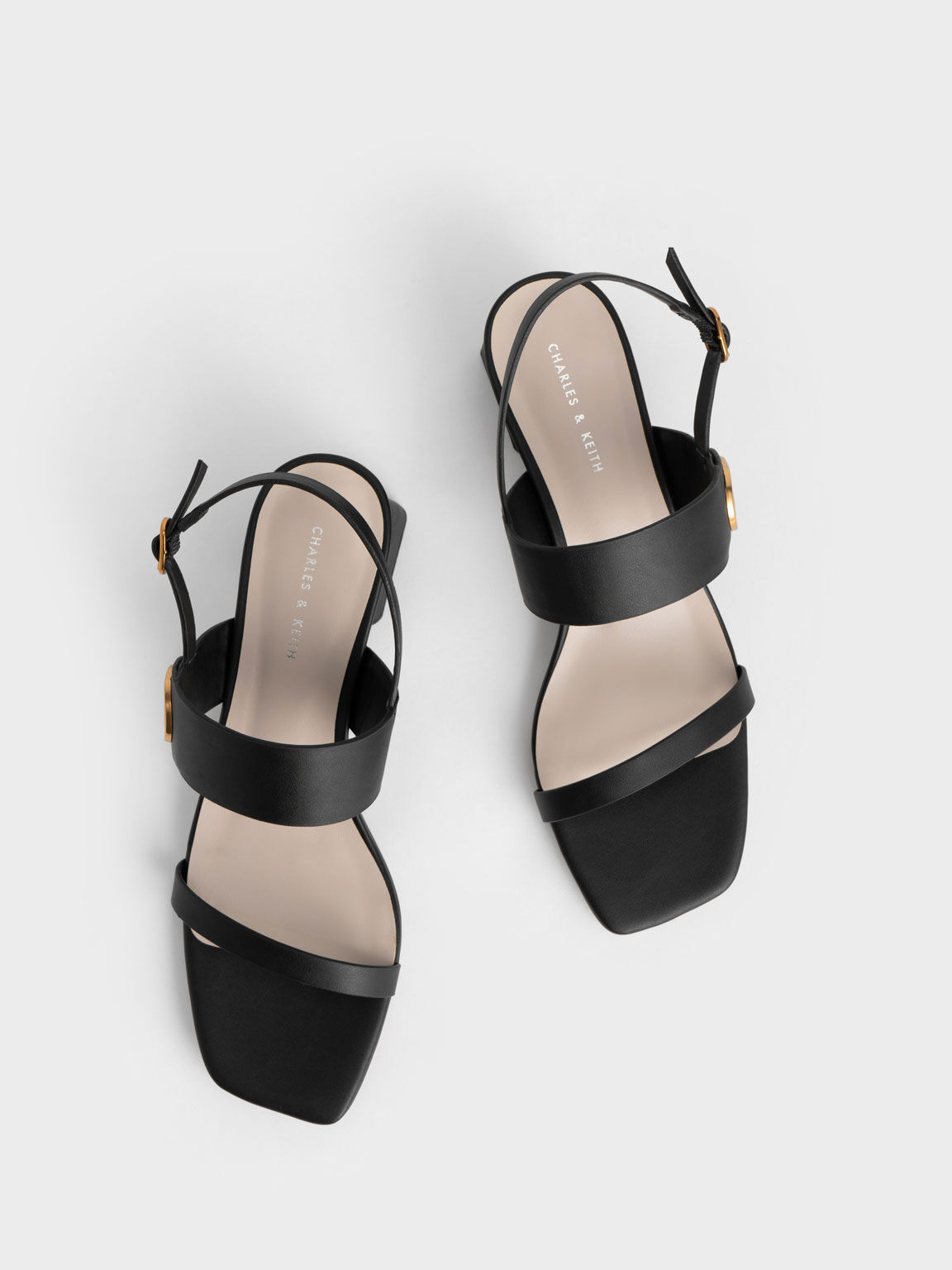 Metallic Accent Trapeze Heel Sandals, Black, hi-res