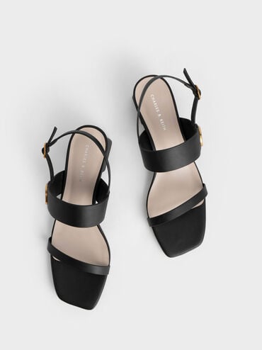 Sandalias de tacón trapezoidal con detalles metálicos, Negro, hi-res