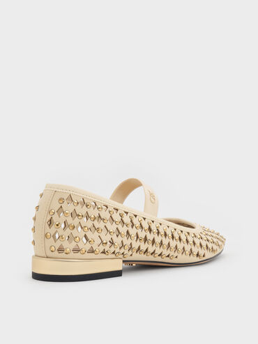 Studded Cut-Out Mary Jane Flats, Cream, hi-res